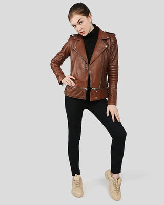 Full view of brown biker leather jacket with black outfit