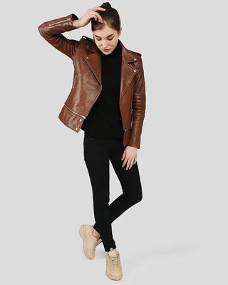 Brown biker jacket with adjustable length, casual style