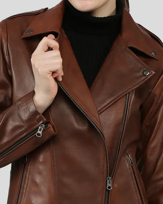 Close-up of Filippa brown biker leather jacket details