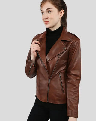 Front angle of Filippa brown biker leather jacket
