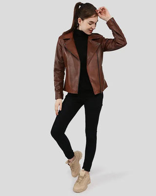 Full body view wearing Filippa brown biker leather jacket