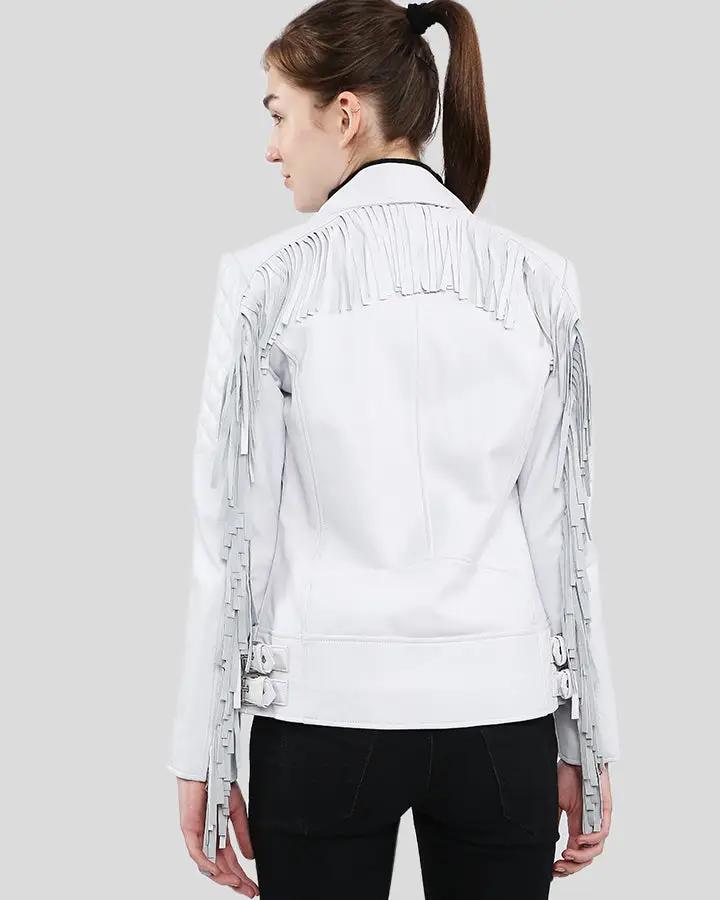 Back view of Layla white fringe biker leather jacket