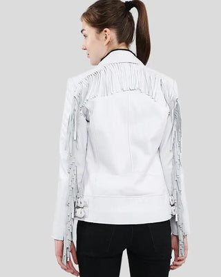 Back view of Layla white fringe biker leather jacket
