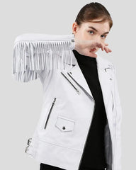 Side view of Layla white fringe biker leather jacket