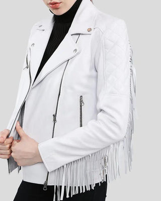 Close-up of Layla white fringe biker leather jacket details
