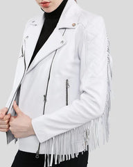 Close-up of Layla white fringe biker leather jacket details