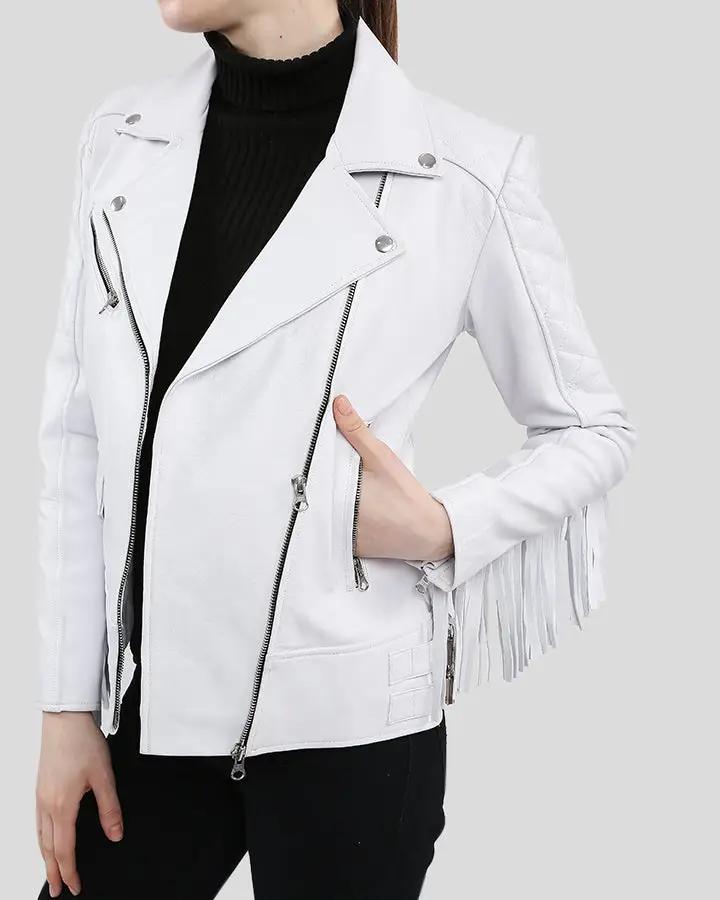 Layla white fringe biker leather jacket with zipper details