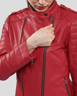 Close-up of Christabel red quilted biker leather jacket