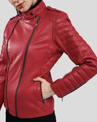 Side view of Christabel red quilted biker leather jacket