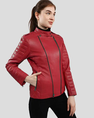 Model wearing Christabel red quilted biker leather jacket