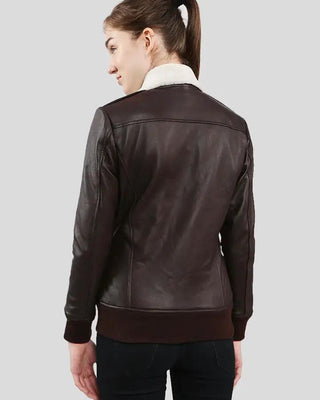 Back view of Thalia brown bomber leather jacket