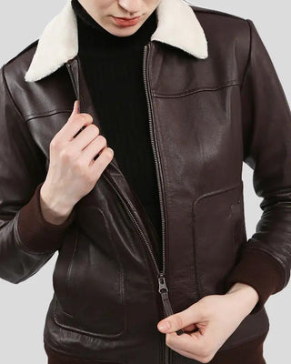 Close-up of Thalia bomber jacket with zipper detail