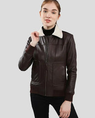 Front view of Thalia brown bomber leather jacket