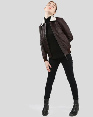 Full view of Thalia brown bomber jacket with fur collar
