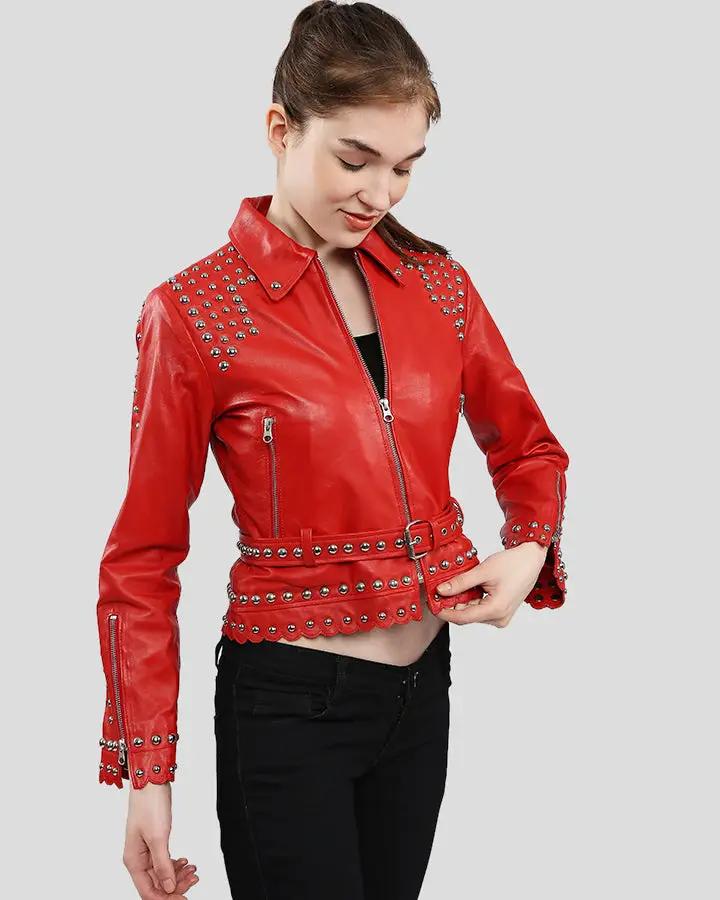 Womens Isabel Red Studded Leather Jacket