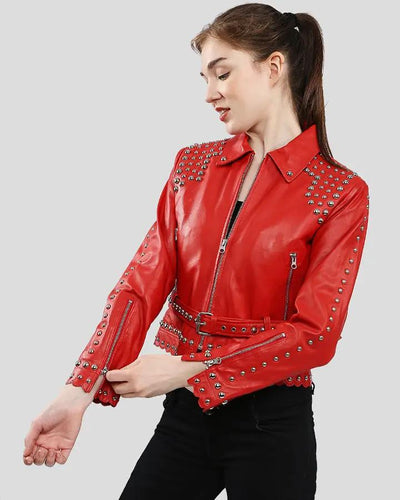 Isabel Red Studded Leather Jacket