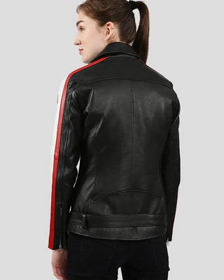Back view of Zelda black leather jacket with red stripe