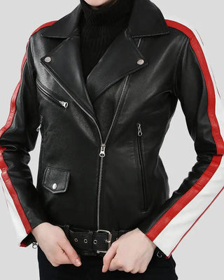 Close-up of Zelda black biker jacket with zip details