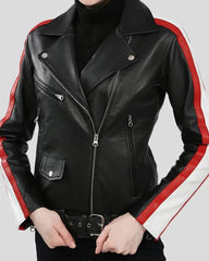 Close-up of Zelda black biker jacket with zip details