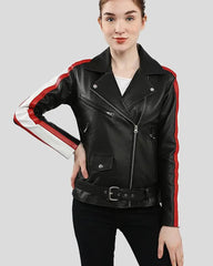 Front view of Zelda black biker leather jacket