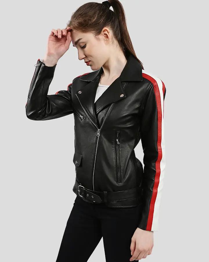 Zelda black biker leather jacket with red and white stripes