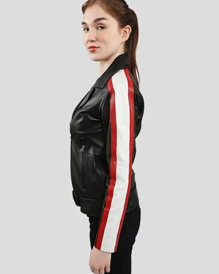 Side view of Zelda black leather jacket with stripes
