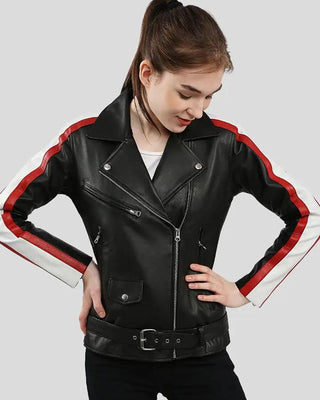 Model wearing Zelda black leather jacket with hands on hips