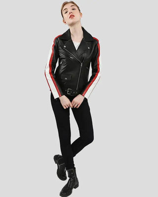 Full view of Zelda black biker leather jacket outfit