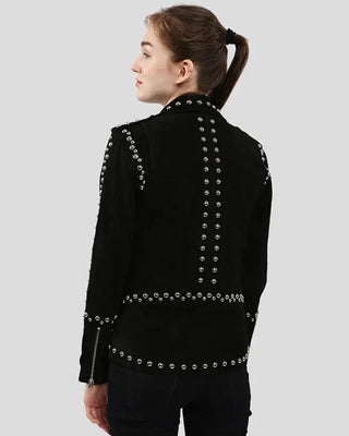Back view of Danica Black Suede Studded Leather Jacket