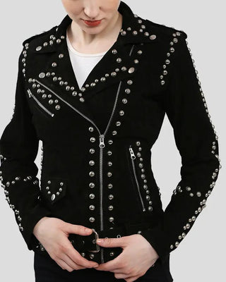 Close-up of Danica Black Suede Studded Leather Jacket details