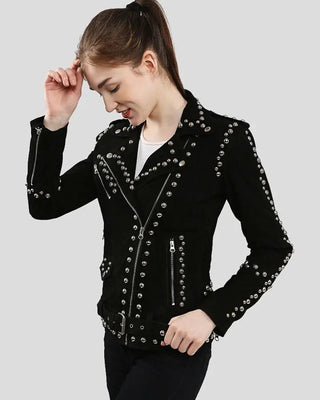 Side view of Danica Black Suede Studded Leather Jacket