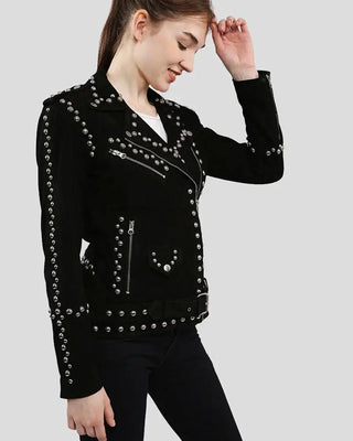Profile of Danica Black Suede Studded Leather Jacket