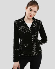 Model wearing Danica Black Suede Studded Leather Jacket