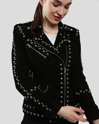 Danica Black Suede Studded Leather Jacket with zipper details
