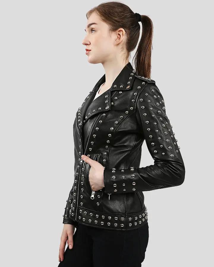 Womens Black Studded Leather Jacket - Biker Style Leather Jacket