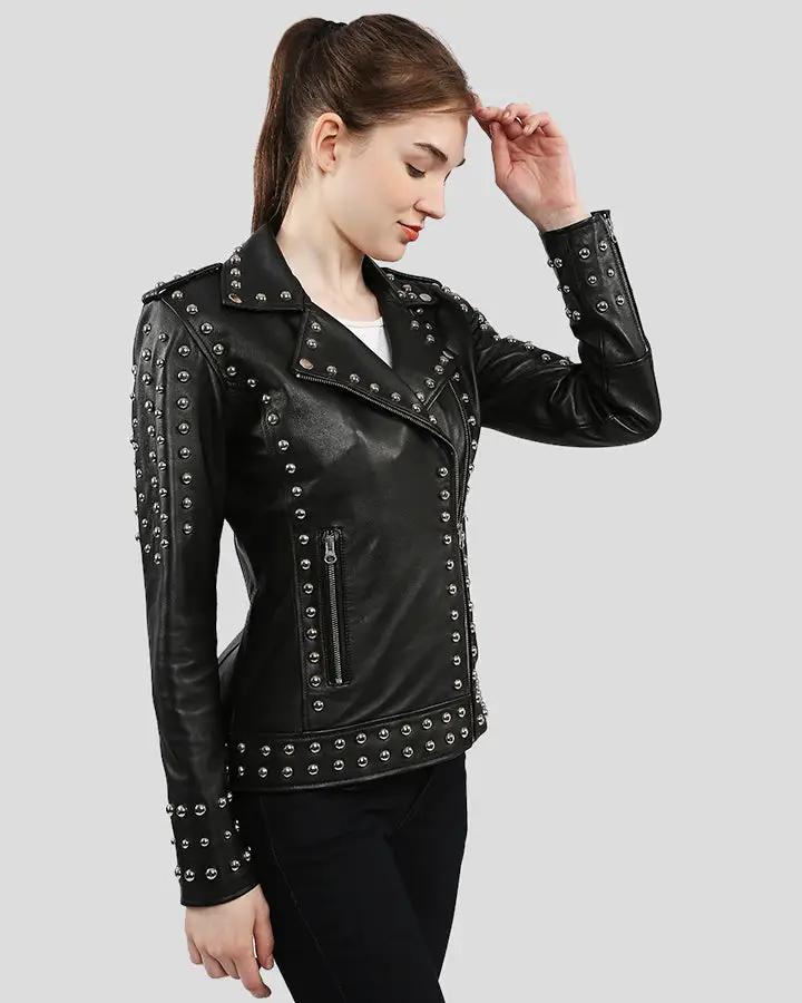 Womens Jasmine Black Studded Leather Jacket - NYC Leather Jackets