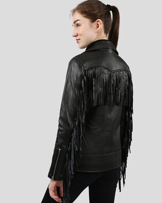 Back view of black leather jacket with fringe details