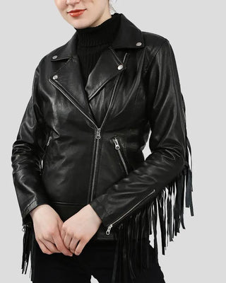 Close-up of black fringe biker leather jacket