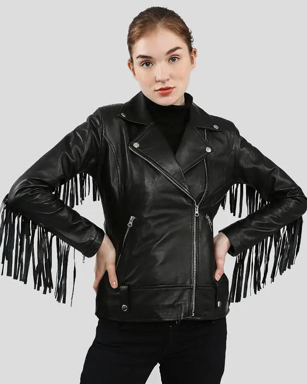 Womens Kiana Black Biker Fringes Leather Jacket - NYC Leather Jackets