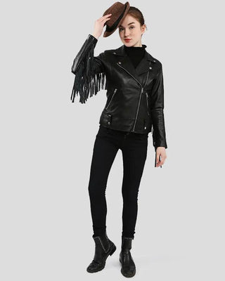 Full outfit with black fringe biker leather jacket and hat