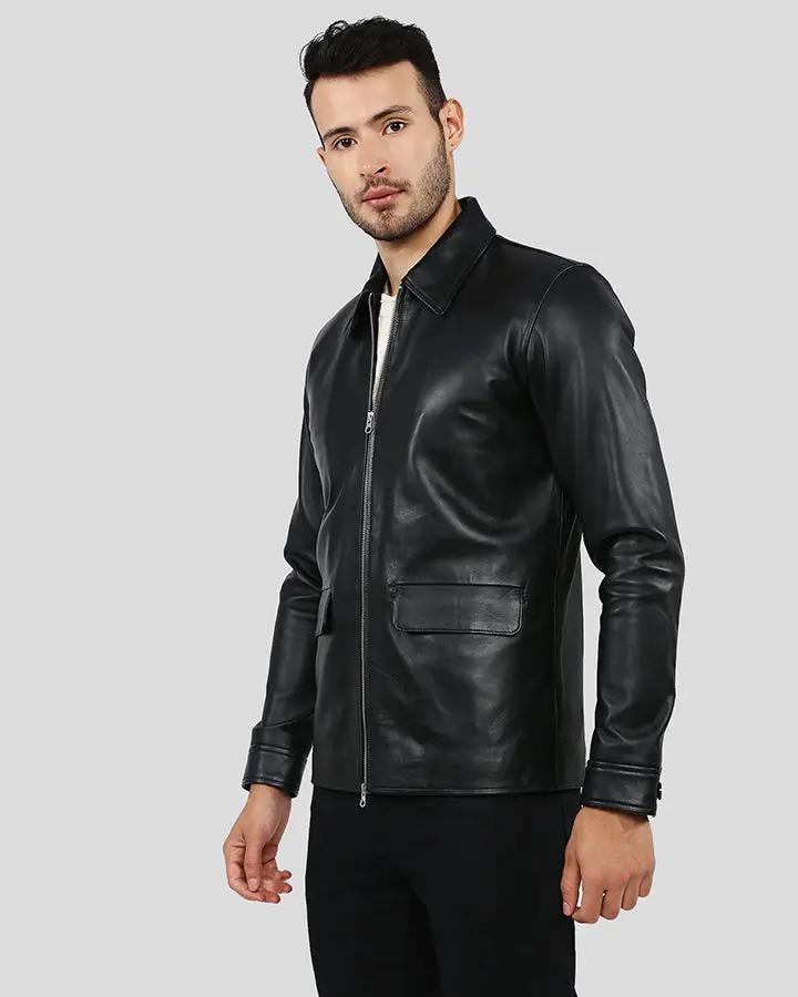 Mens Warren Black Racer Leather Jacket Shirt Style Collar & Flap Welt ...