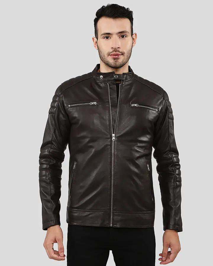 Mens Mason Brown Quilted Racer Leather Jacket - NYC Leather Jackets