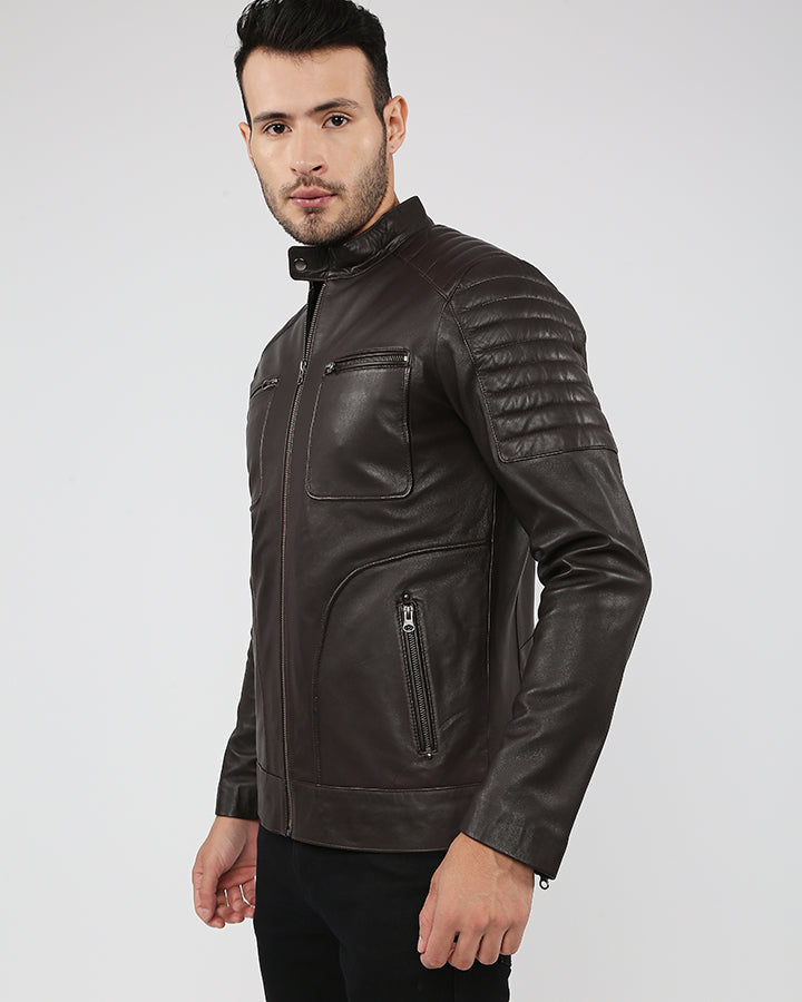 Mens Astro Brown Racer Quilted Leather Jacket - NYC Leather Jackets