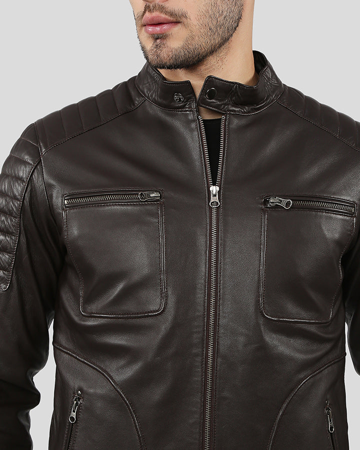 Mens Astro Brown Racer Quilted Leather Jacket - NYC Leather Jackets