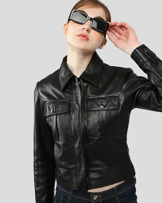 Model in black leather jacket and sunglasses
