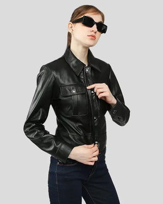 Black leather jacket with button closure