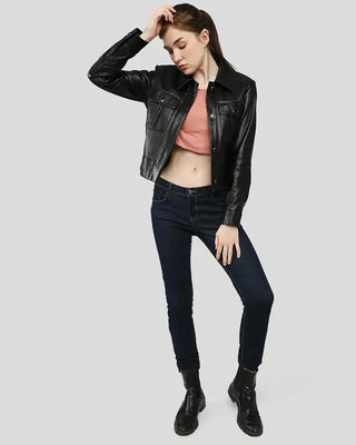 Stylish black leather jacket and casual outfit