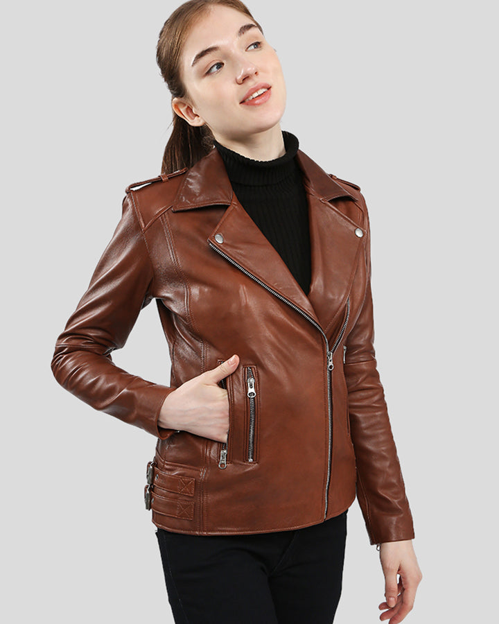 Womens Gigi Brown Motorcycle Leather Jacket – NYC Leather Jackets