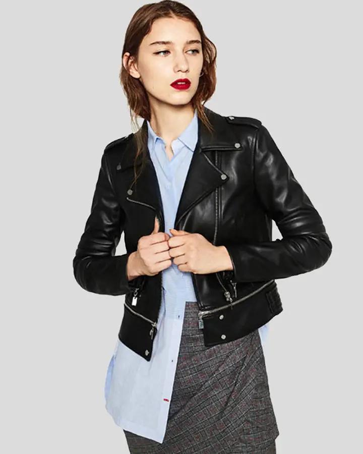 Womens Elise Black Biker Leather Jacket - NYC Leather Jackets