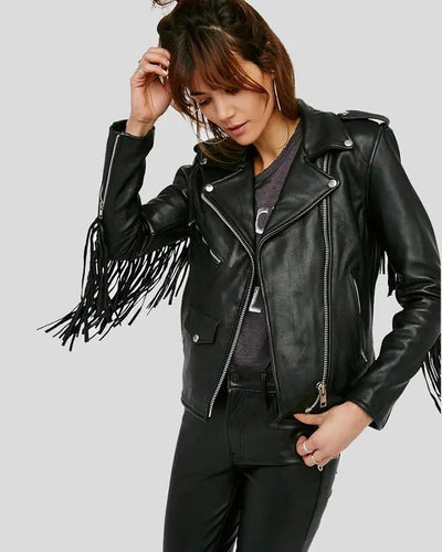 Sloane Black Biker Leather Jacket Tassels